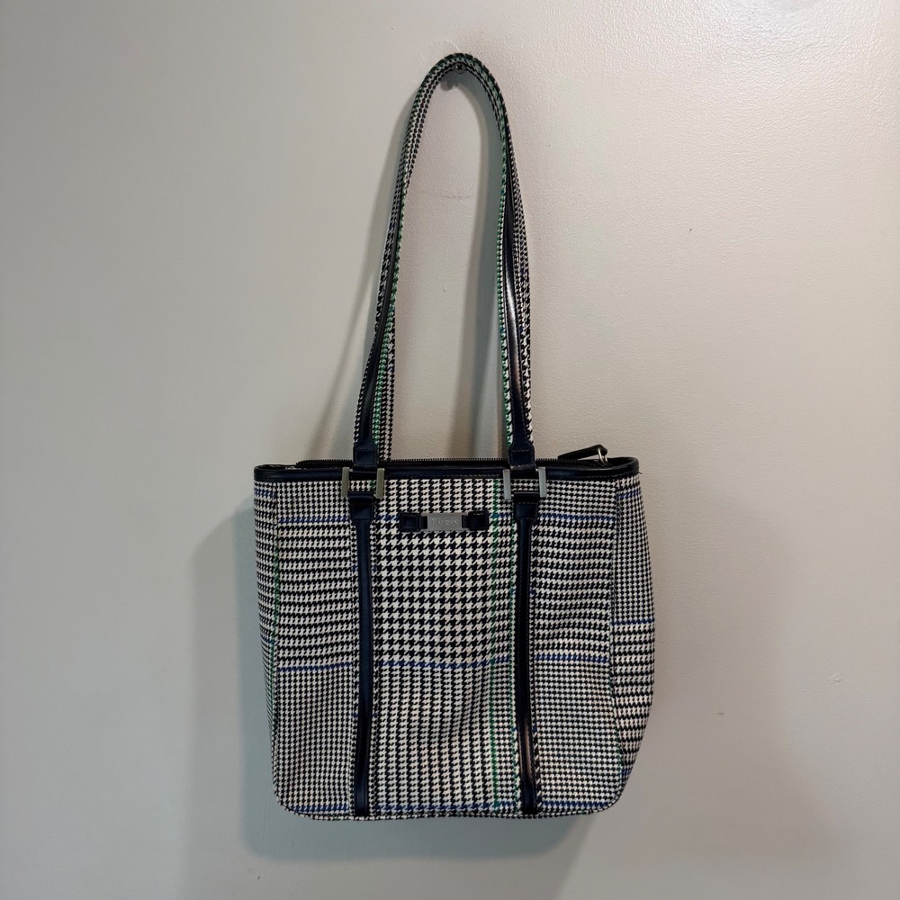 Lauren Ralph Lauren Houndstooth‎ Plaid Tote Bag Black White Blue Green Shoulder